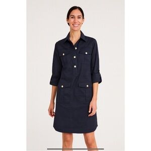 J. Mclaughlin Zanna Navy Dress Gold Button Placket Long Sleeves Roll Tab Cotton